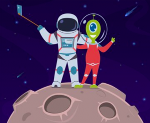 Astronauta che fa selfie con alieno